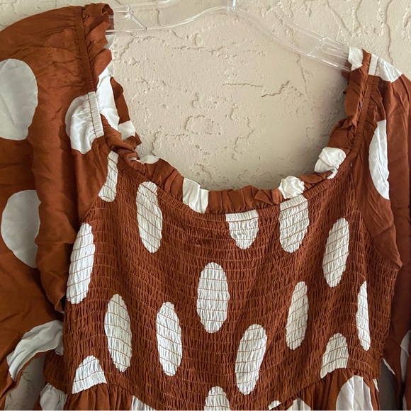 CAITLIN COVINGTON X PINK LILY BLUFF WALK BROWN POLKA DOT OFF THE SHOULDER DRESS - Picture 12 of 15